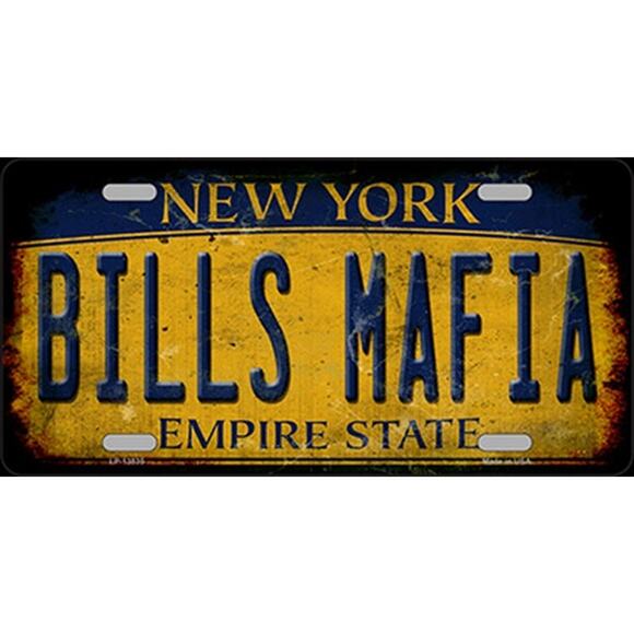 NFL Bills Mafia License Plate Tag Metal Buffalo Yellow Sign Retro NY Logo New - Picture 1 of 3
